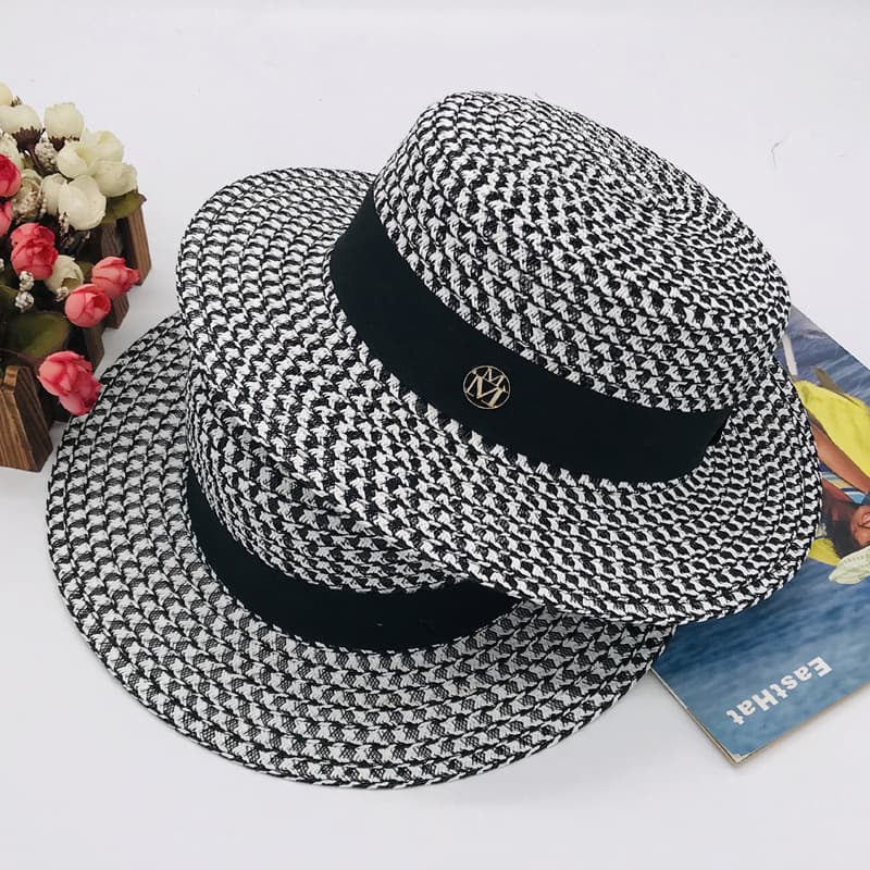 High-end black and white checkered wide eaves flat hat women's hat spring summer straw hat sun hat