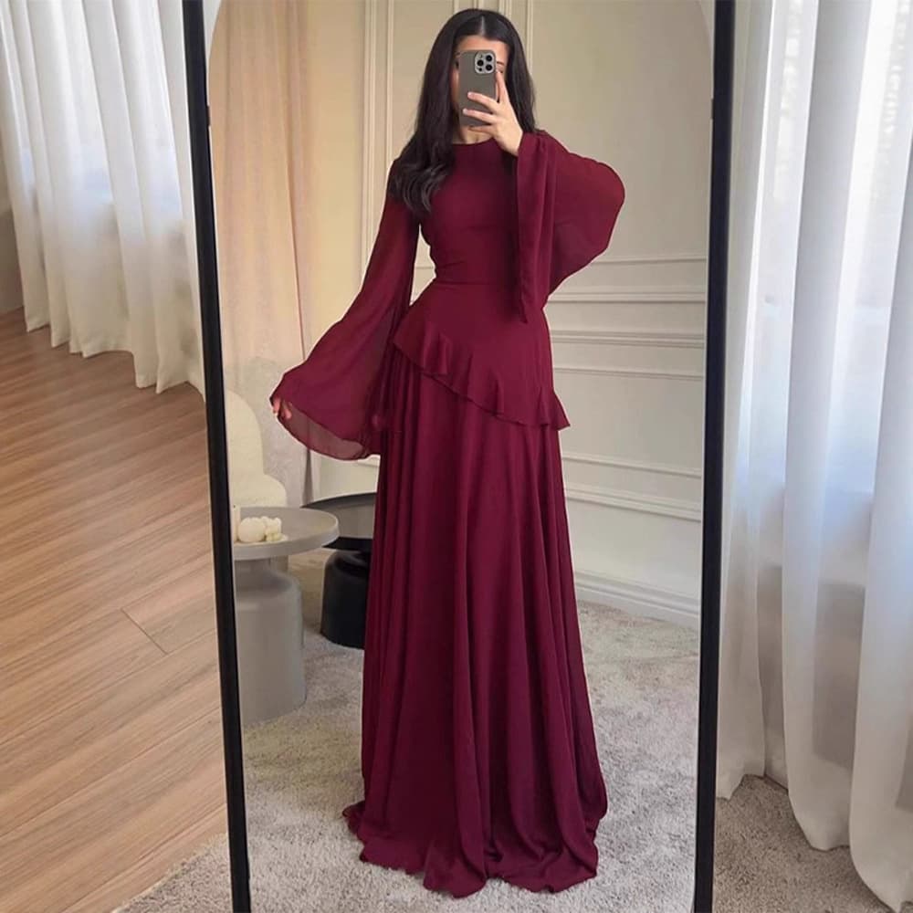 Elegant Ruffled High Neck Bell Sleeve Flowy Maxi Dress With Waist Definition