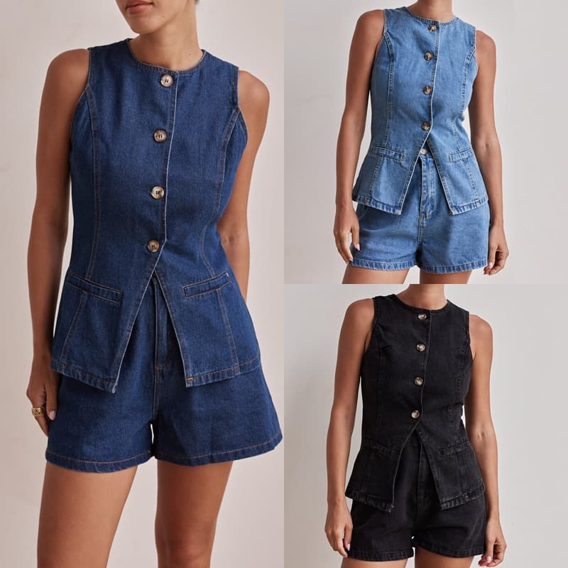 Women's Clothing Fashion Sleeveless Waist High Waist Loose Denim Shorts Set