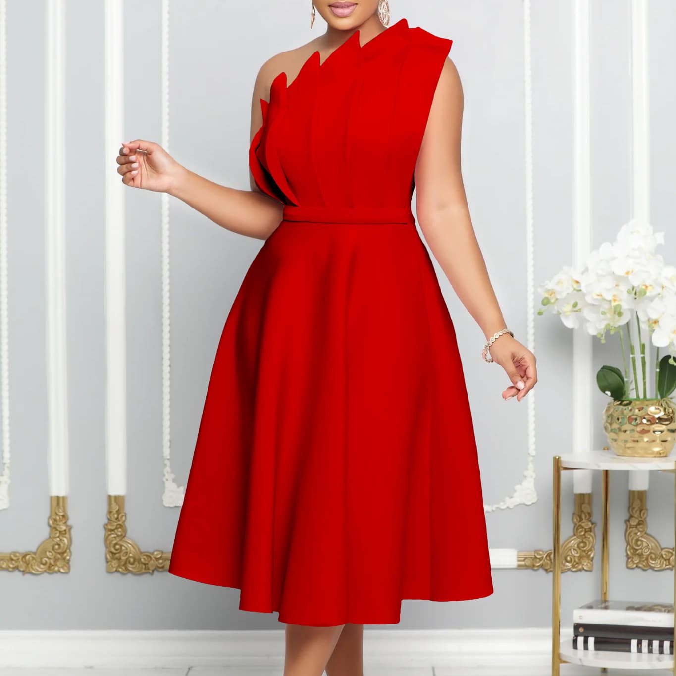 Women's sloped collar three-dimensional pleated high waist banquet dress evening cross-border dress