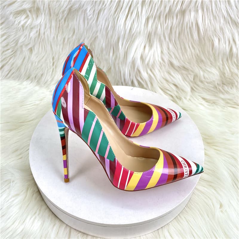 Women's Shoes New Color Striped High Heels 12CM Pointed Stiletto Shallow Mouth Single Shoes Women's Shoes
