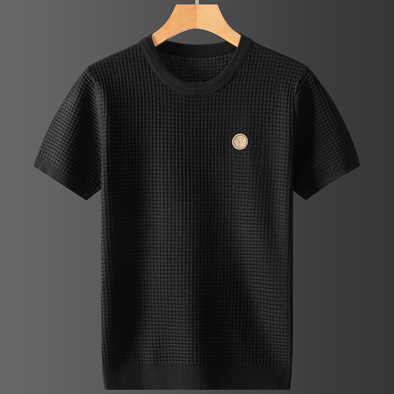 Men's Elastic Knitted Short-Sleeved Warm Men's Versatile Light Luxury Round Neck Printed Fashion Knitted Sweater