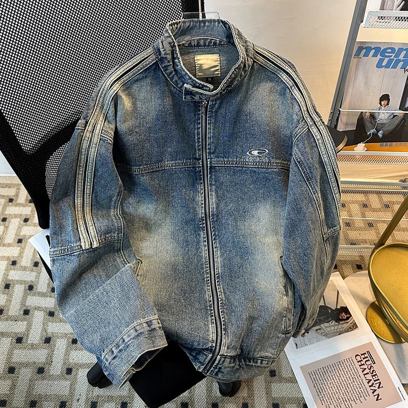New Washed Old Zipper Decoration Design Denim For Men's Niche Motorcycle Standing Collar Jacket