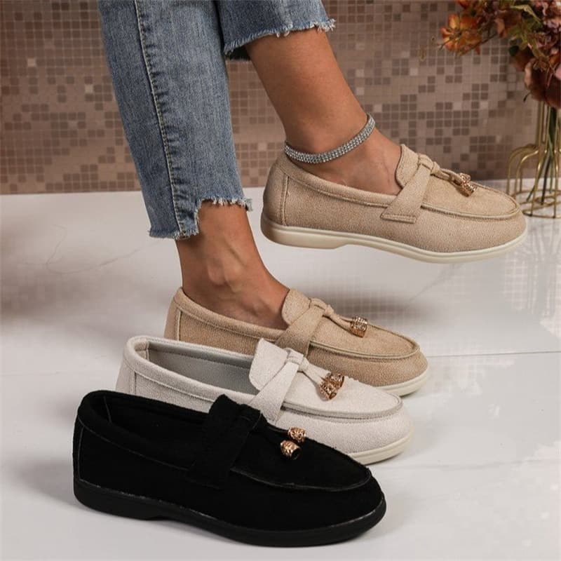 Women's Slip-On Loafers Comfortable Casual Low Heel Round Toe Shoes - Soft PU Upper & Breathable Cotton Lining - Available In Black, Beige, Khaki