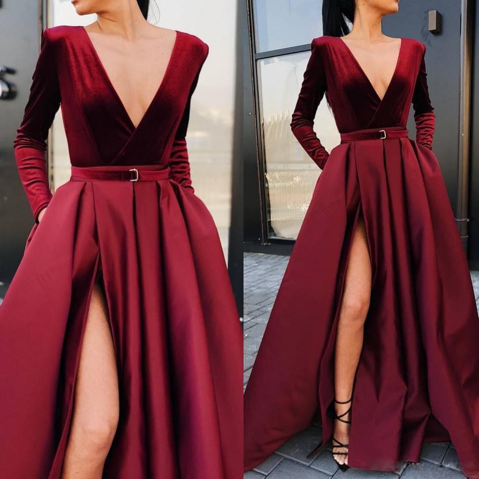Women's Clothing New Women's Dress Deep V Long Sleeved Dress With Large Slit And Elegant Long Skirt For Women