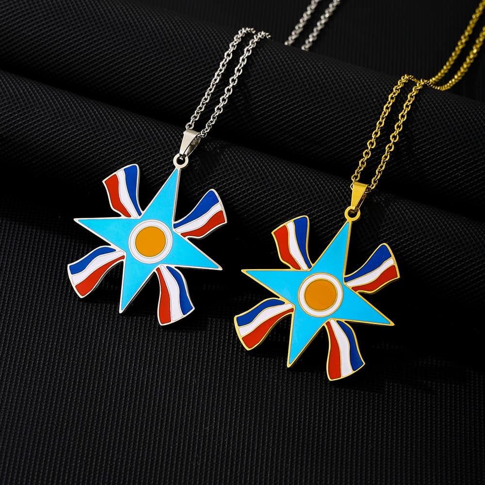 Collier drapeau assyrien – Bijou ethnique pour couple en acier inoxydable et titane