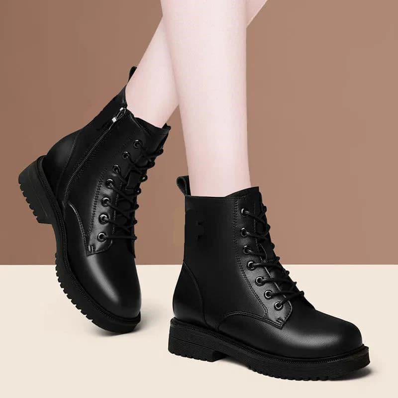 Real Soft Leather Martin For Women, Fleece-Lined Mid-Heel Winter New Women's Cotton Shoes, Flat Heel, Thick Sole,