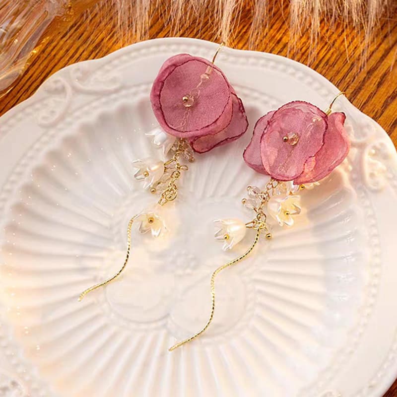 Women’s Jewelry Set Fashion Atmosphere Rose Petal Earrings New Retro Niche Gauze Camellia Flower Tassel Earrings National Style Earrings
