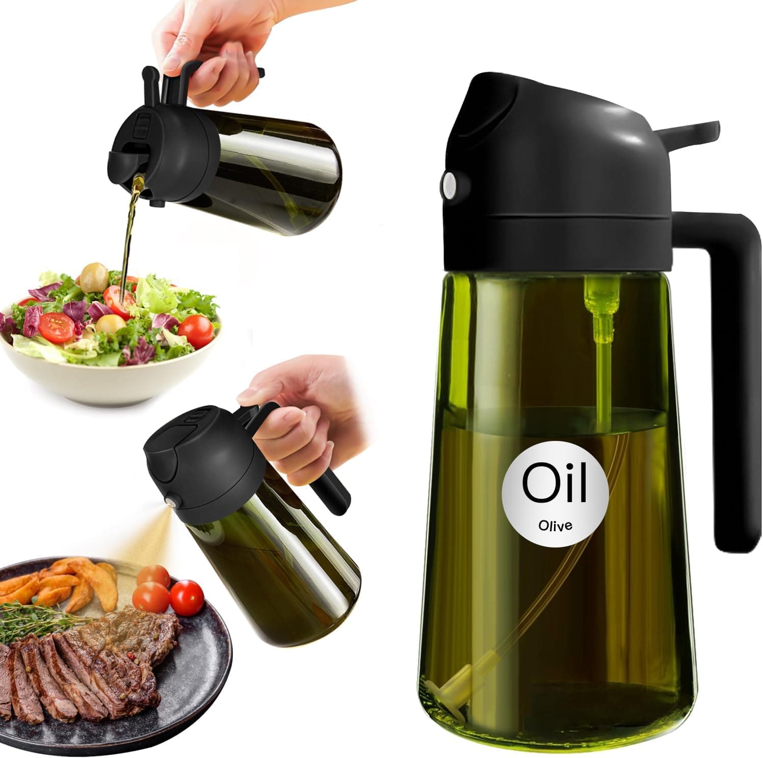 Bouteille d'huile en verre vert foncé de qualité supérieure avec pulvérisateur de 16 oz/470 ml, distributeur d'olives 2 en 1