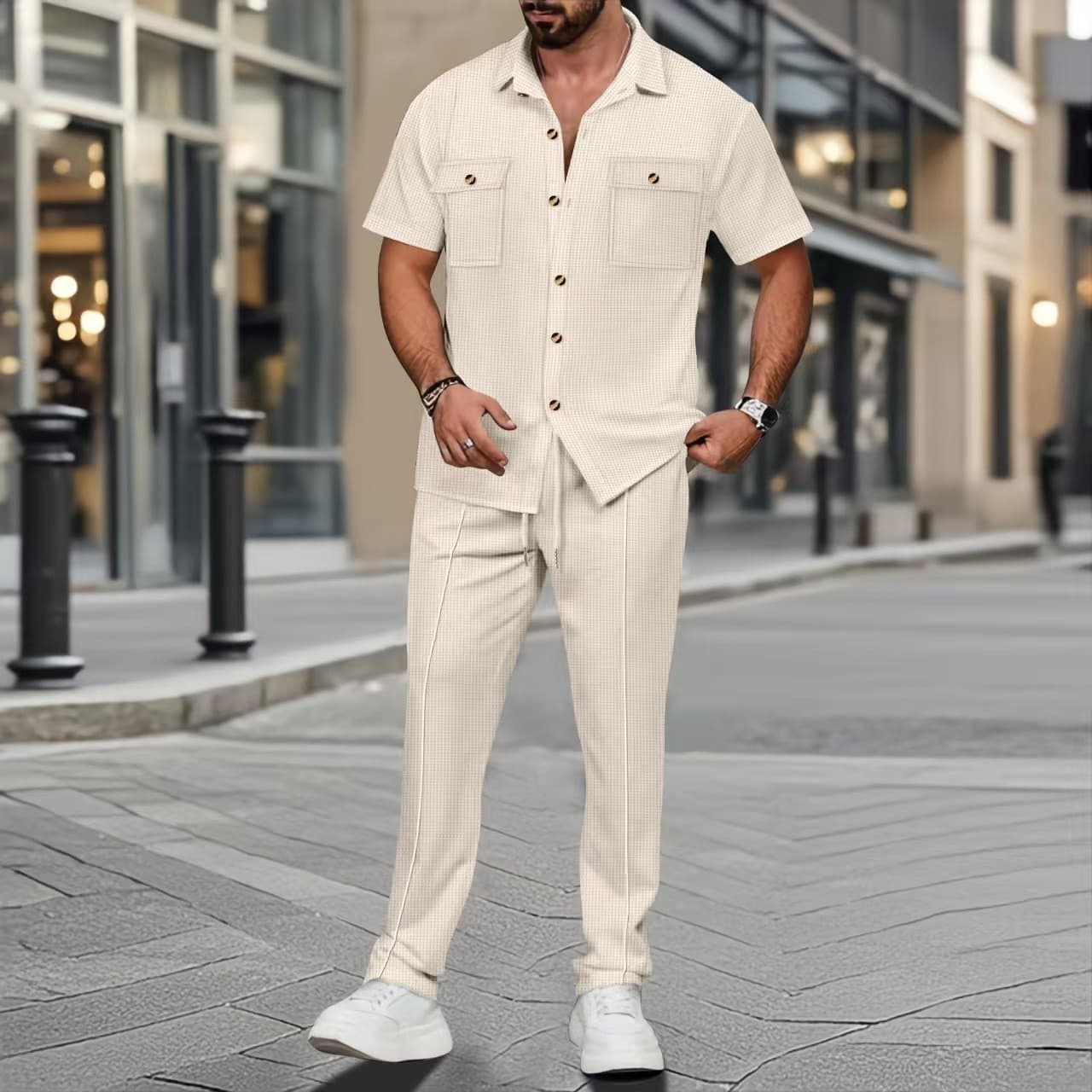 Men's Clothing Summer Solid Color Button Pocket Shirt Short Sleeve Pants Two Piece Set