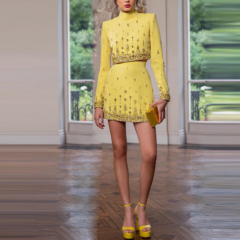 Women's Clothing fashion romantic new heavy beaded diamond short top skirt suit two piece suit