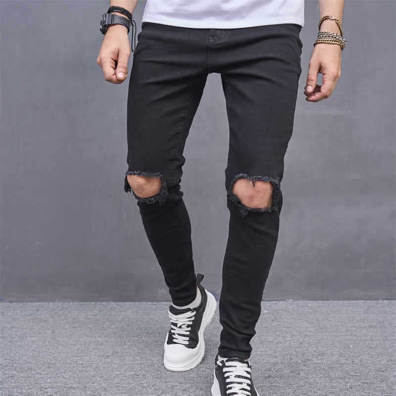 Men's Slim Fit Ripped Knee Jeans - Vintage Washed Denim Pants With Comfort Stretch For Casual Wear