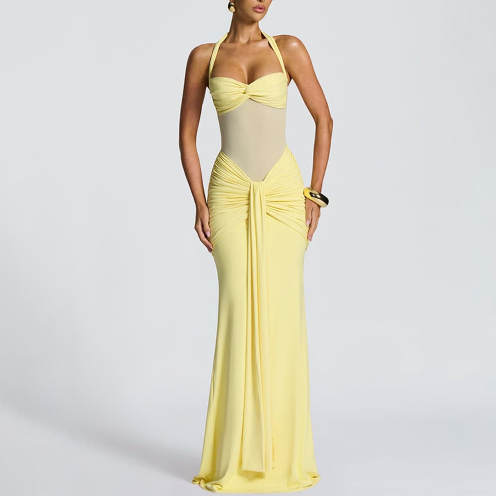 Women's Clothing Elegant Shirred Backless Maxi Dress – High-Waist Wrap Neck Dress With Bodycon Fit For Summer