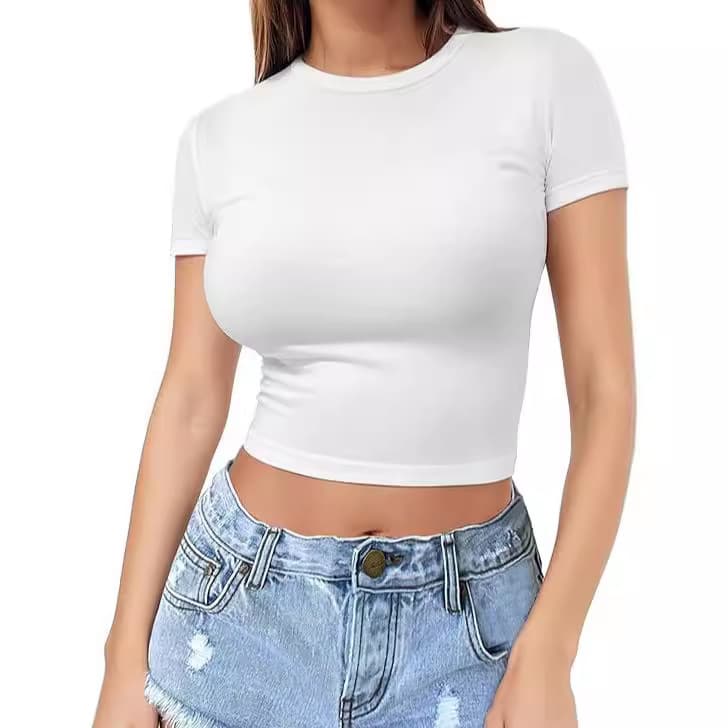 Women's round Neck Short Sleeve T-Shirt Navel Baring Pullover Top Fashionable Milk Silk Fabric European American Style Hot Girl Summer Thin Female
