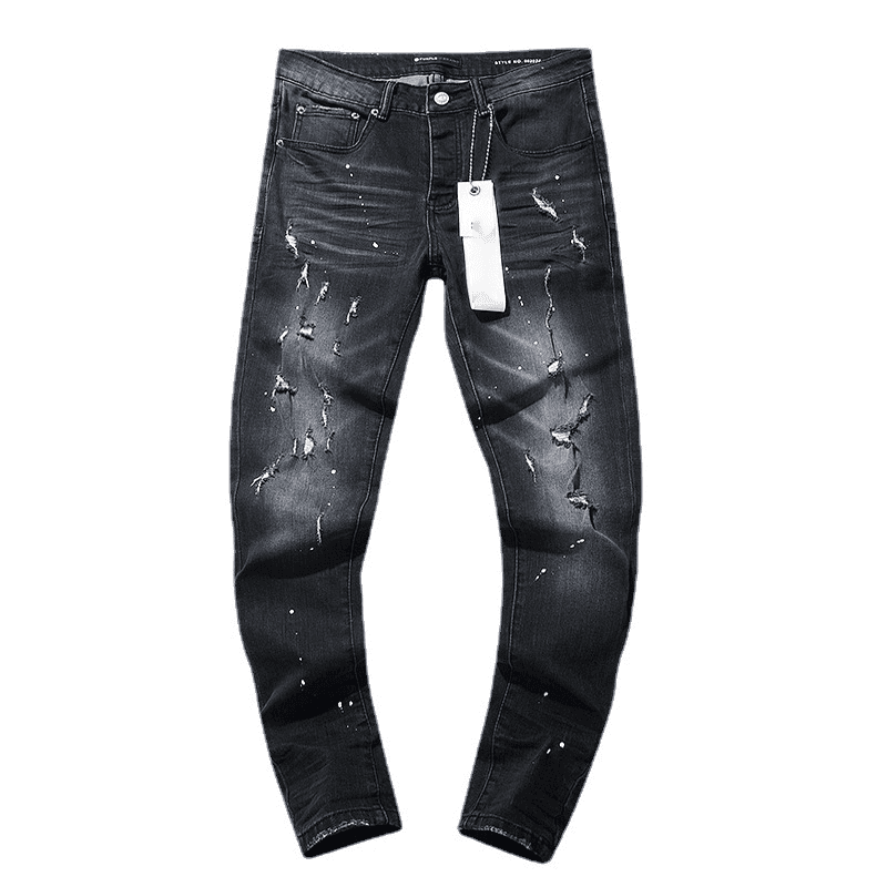 Slim stretch fried sand angel cotton elastic black leather label holes printed fashion men's European jeans