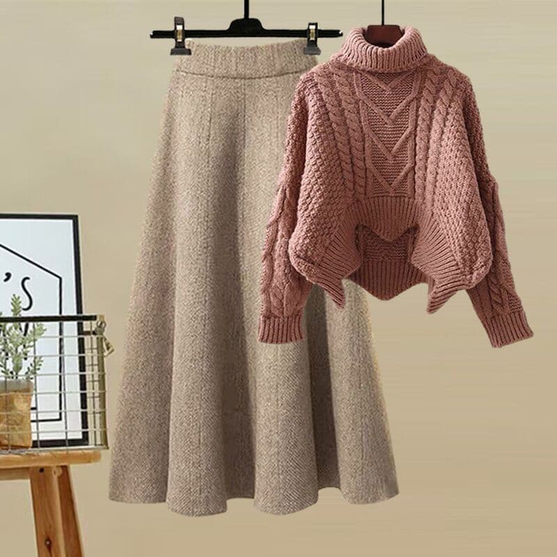 Ensemble deux pièces pour femme : pull à col roulé en maille et jupe amincissante. Collection automne-hiver.