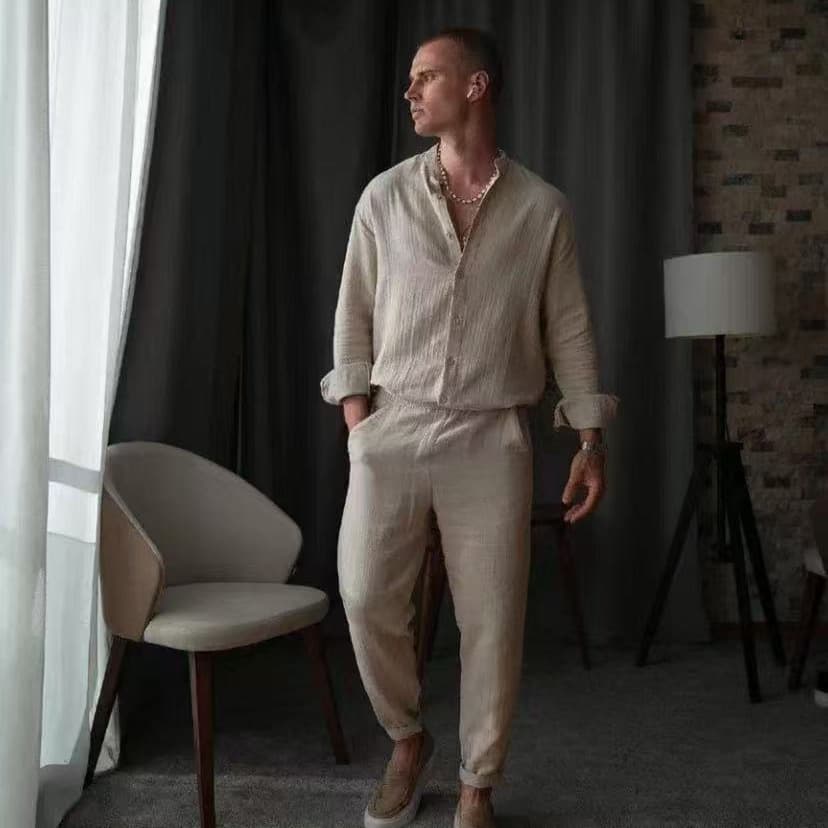 Men's Clothing European And American New Men's Casual Sports Long Sleeved Trousers Two Piece Suit Light Mature Simple Beach Men's Suit