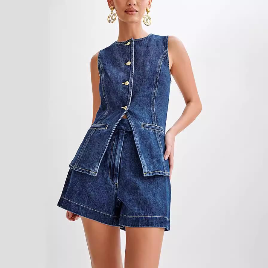 Women's Clothing Summer Fashion Casual Sleeveless High Waist Women's Suit Denim Shorts