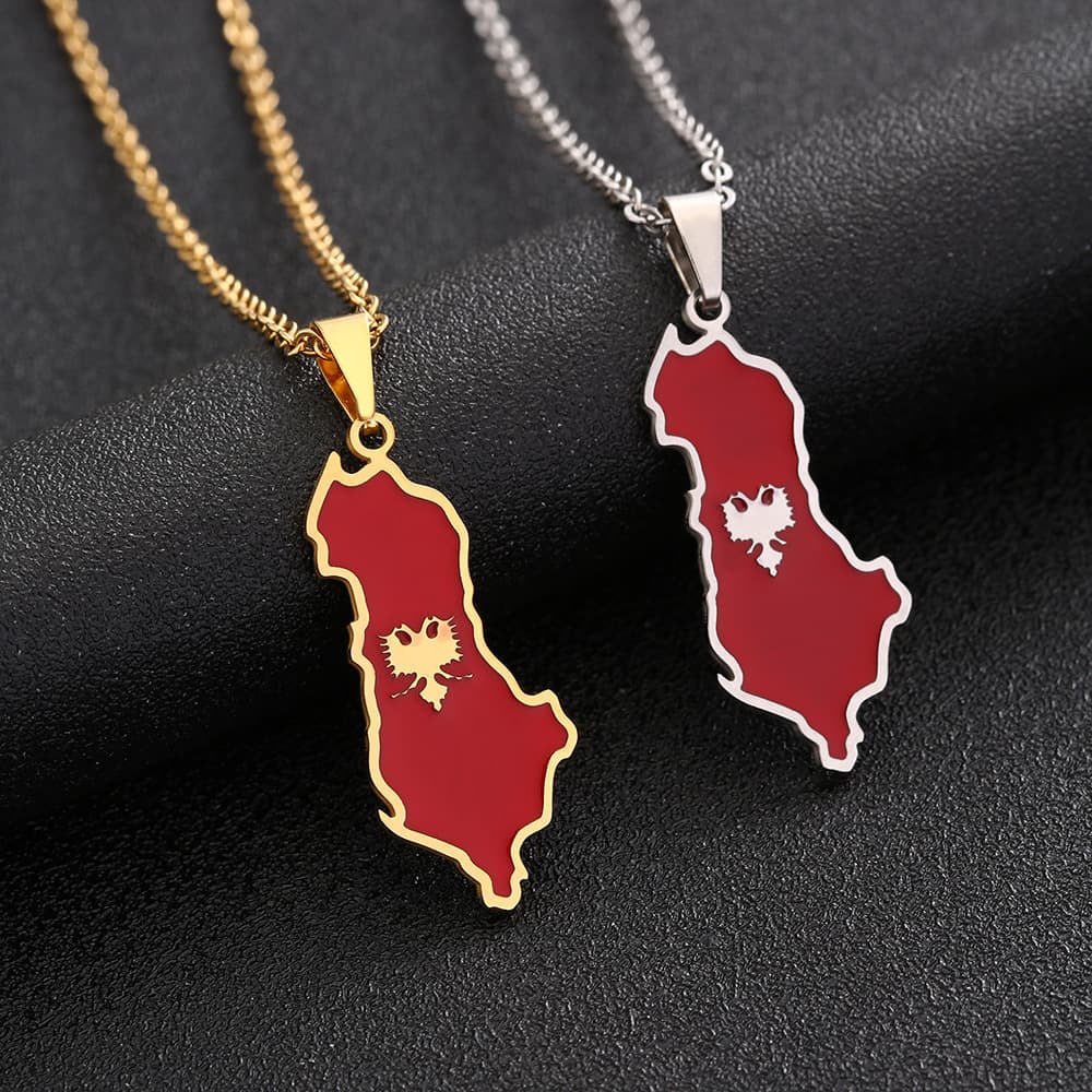 Trendy jewelry design sense Albania map stainless steel necklace men and women couple sweater chain cross-border accessories