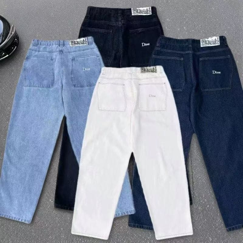 Men's Baggy Straight Leg Jeans Dime Skateboarding Trendy Embroidered Denim Loose Fitting Mid Waist Long Pants With Slight Stretch