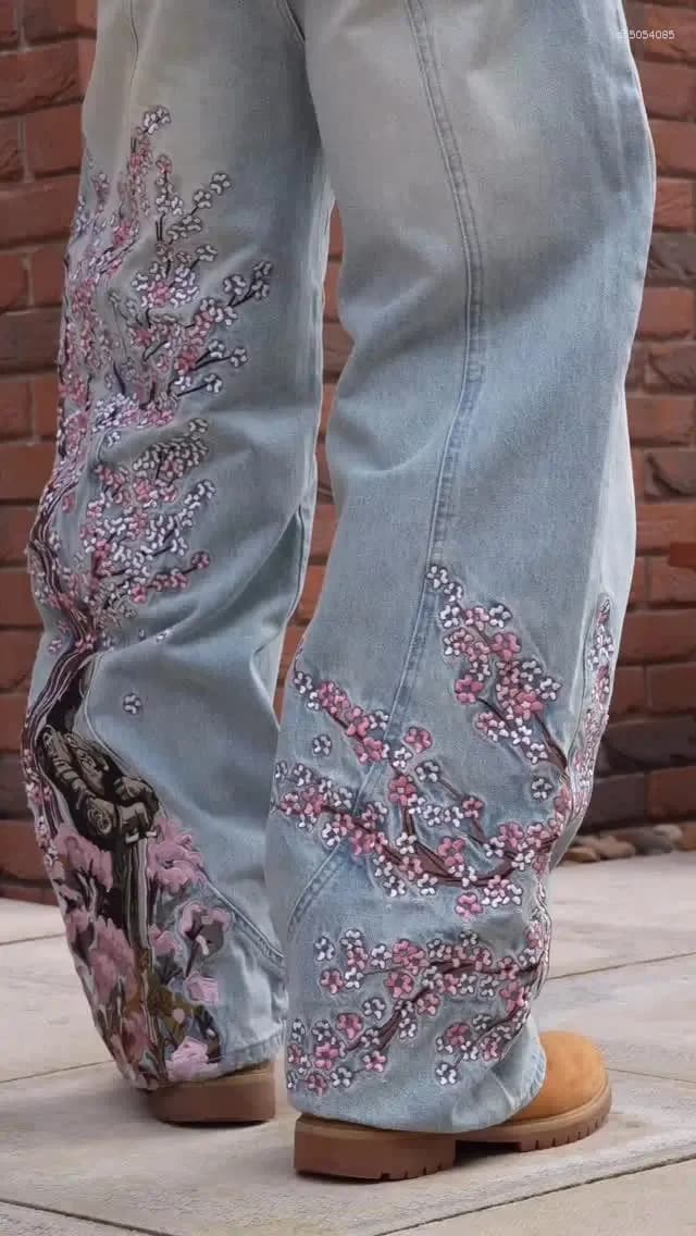 Men's Jeans Y2k Vintage Baggy Cherry Blossom Knight Embroidery Fashion Men Women Streetwear Straight Wide Leg Patchwork