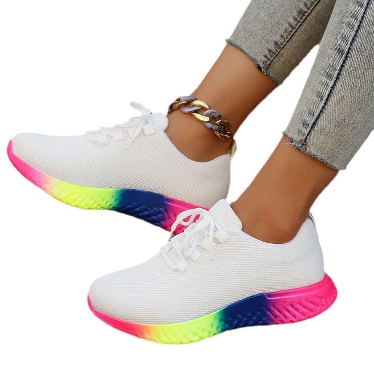 Casual shoes for women spring and summer new European and American large size rainbow bottom elastic thick sole lace up knitted sneakers for women