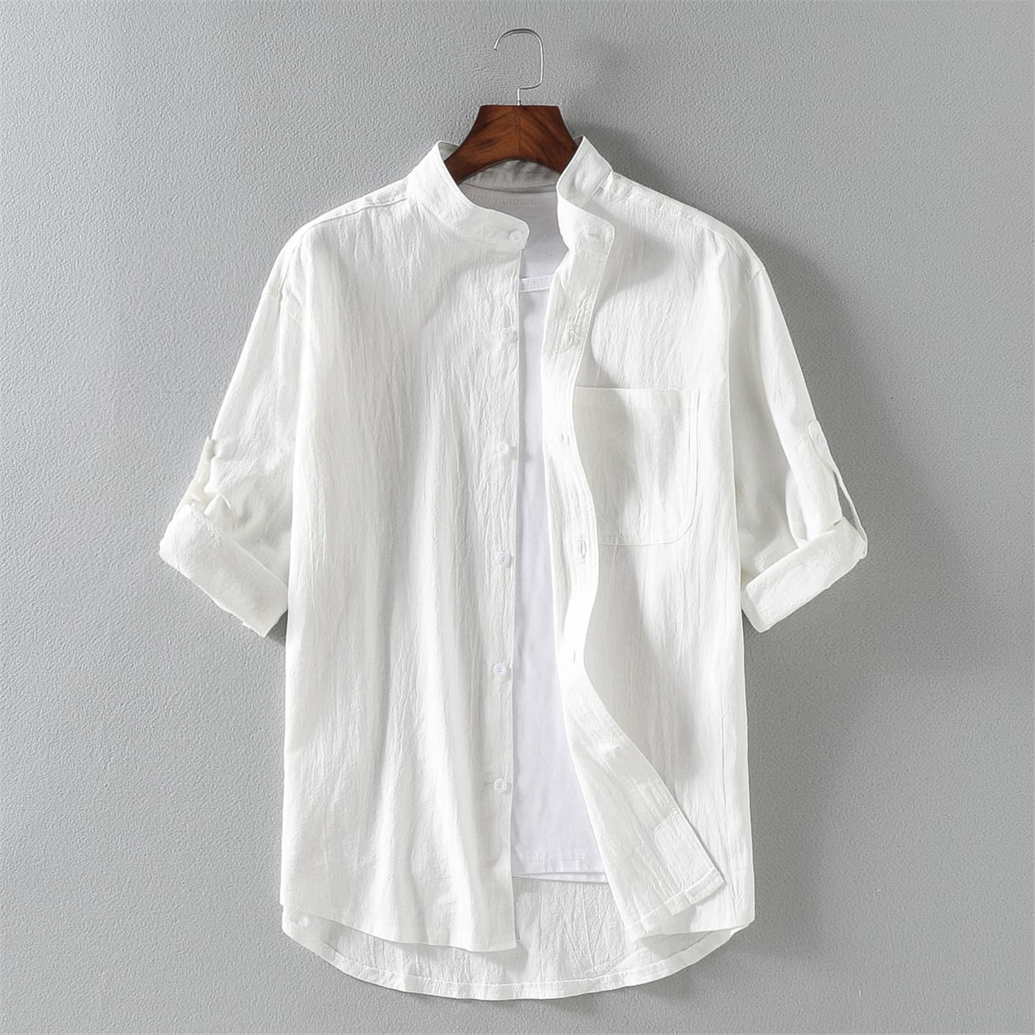 Men's 2024 Spring Stand Collar Cotton And Linen Mid-Sleeve Shirt Trendy Men's Linen Loose Three-Quarter Sleeve Large Size Solid Color Shirt For Men