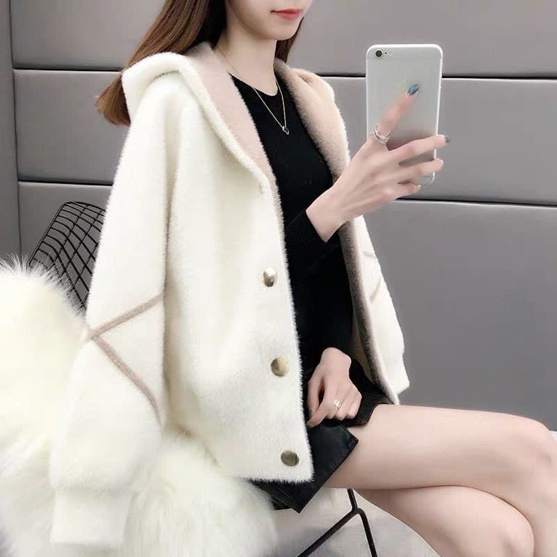 Women's Faux Mink Knit Hooded Cardigan – Cozy Short Coat With Loose Fit, Stylish Zip-Up Open Front, Elegant Casual Wear For Autumn & Winter