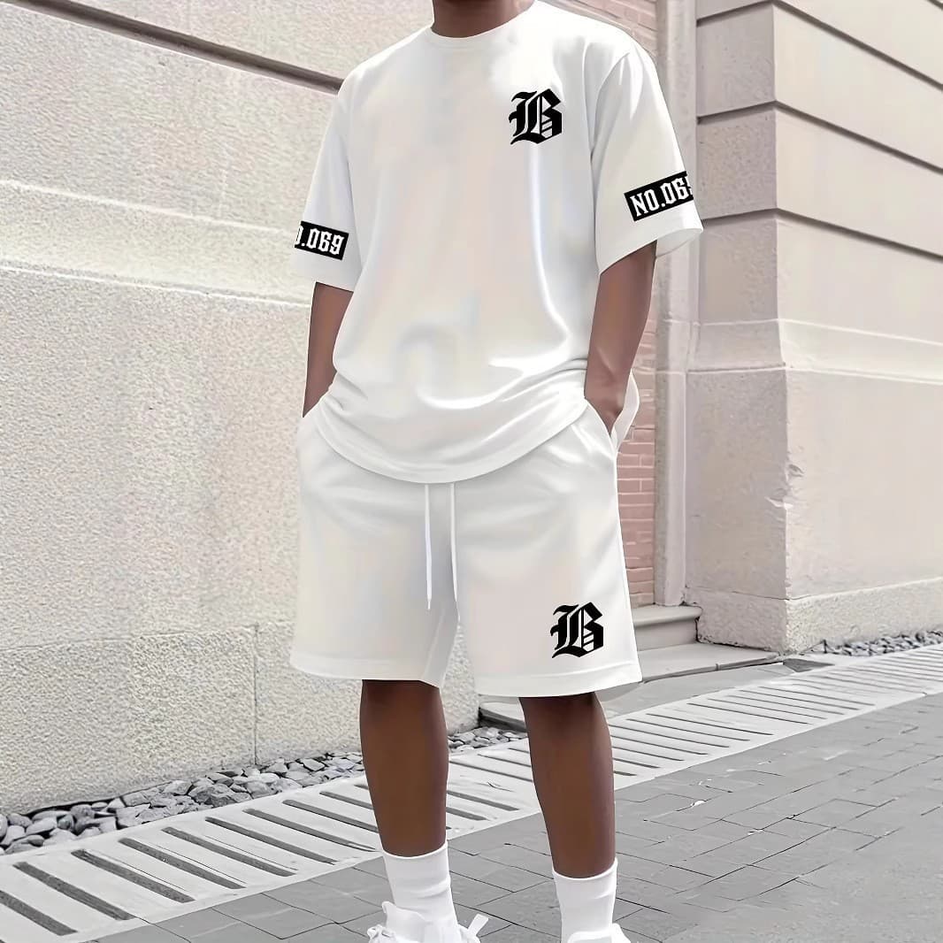 Men's Casual Sports T-Shirt And Shorts Set Short Sleeved Los Angeles Lettering European American Style Versatile Comfortable