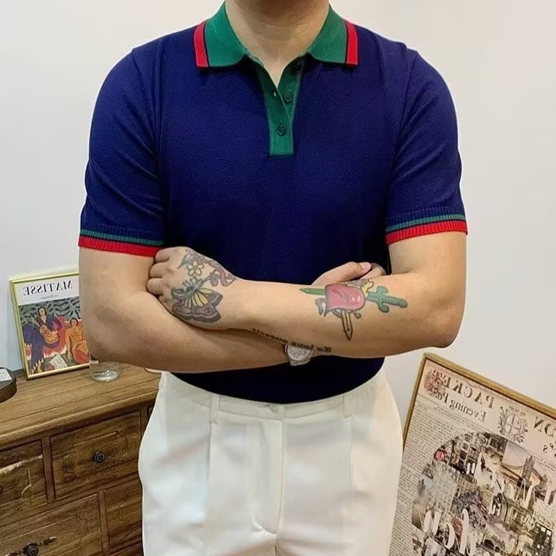 Men's Clothing Summer station color matching breathable knitted lapel t shirt men's business fashion casual men's short sleeved polo shirt trend