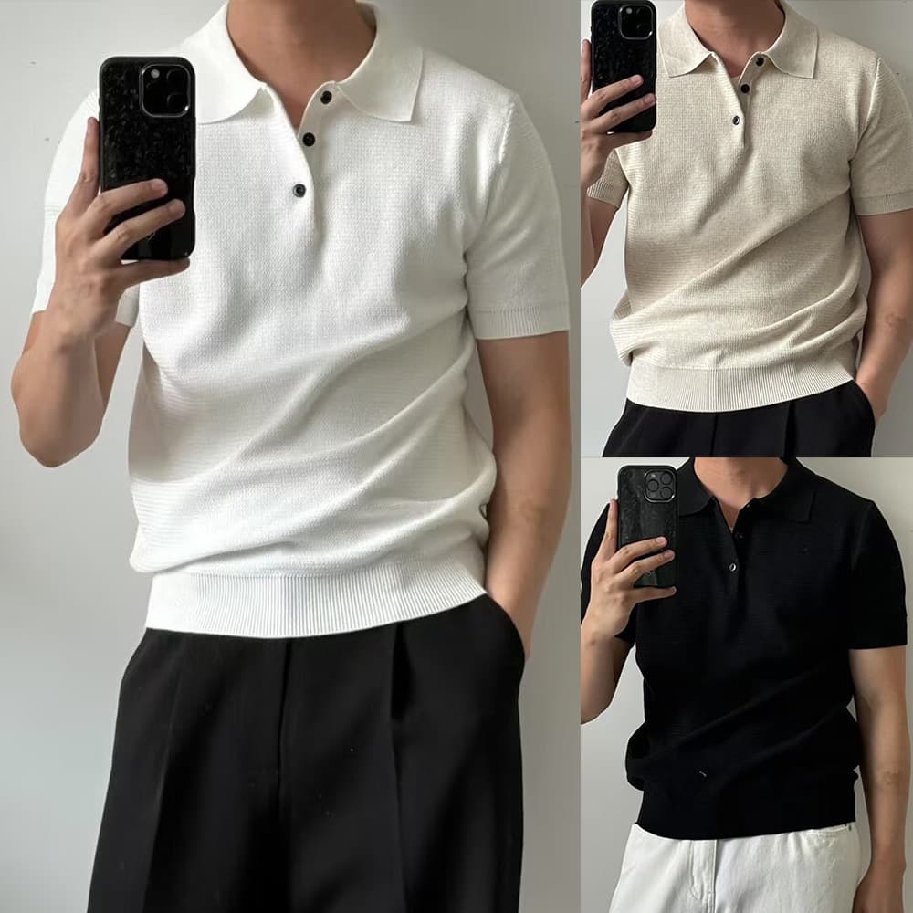 Men's Clothing Ice Silk Knitted Men's Shirt Short Sleeved Solid Color Loose Fit Turn Down Collar T-Shirt Summer Style Mature Sophisticated