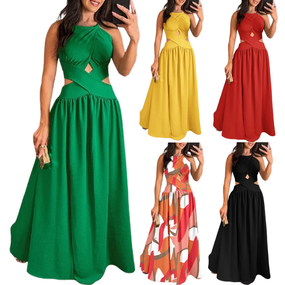 Women's Clothing Sleeveless Navel Exposed Swing Dress High Waist Backless Tie Dress