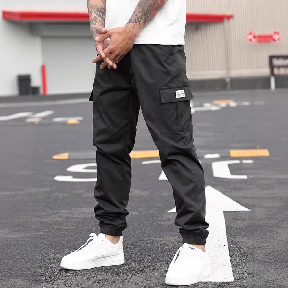 Men's Retro Style Cargo Pants Multiple Pockets Drawstring Cuffs Outdoor Sports Casual Wear Mid Waist Long Polyester