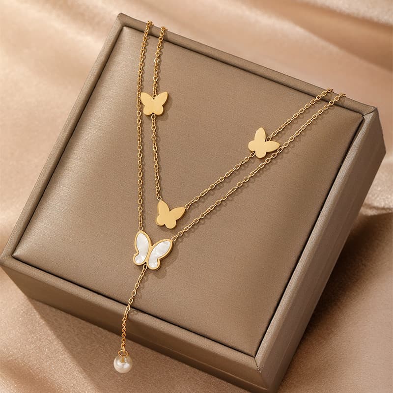 Sweet Fashionable Japanese And Korean Temperament, Smooth Butterfly Shell, Long Tassel Pearl Pendant, Double-layer