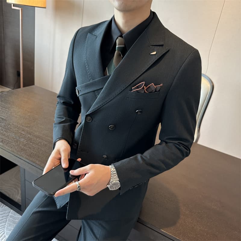 3pcs men's clothing coffee color double breasted slim suit blazer sets