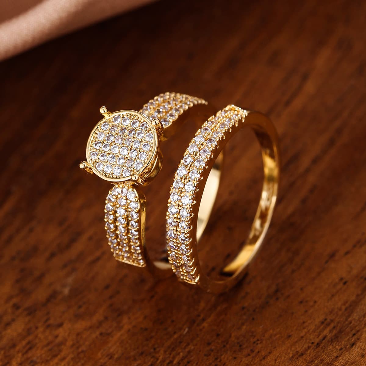 Electroplated Real Gold Three Row Zircon Ladies' Ring Male And Female Couple Combination Ring Jewelry