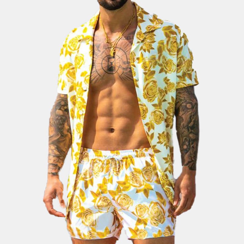 European and American cross-border men's casual loose Hawaiian beachwear three-color printed short-sleeved suit casual two-piece set