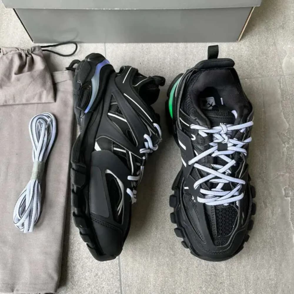 Femmes Hommes Designer Chaussures Décontractées Track LED Baskets Gris Clair Bleu Gomma Cuir Noir Rose Baskets Nylon Imprimé