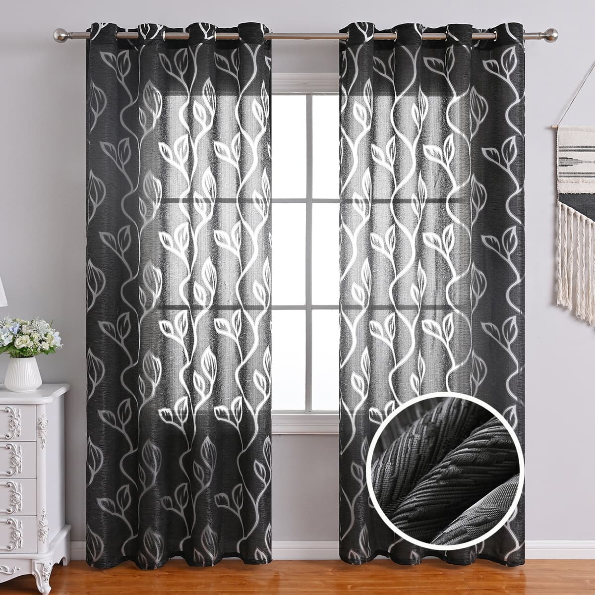Floral Leaf Blackout Curtain - Bubble Textured Window Screen With Decorative Cut-Out Design