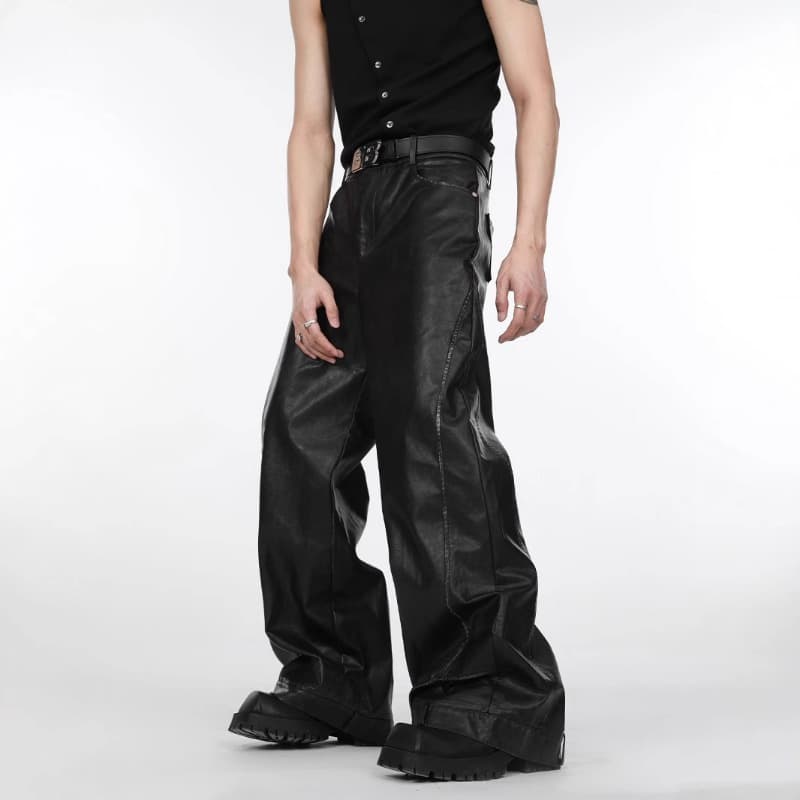 2025 New Niche Deconstruction Three-dimensional Black Leather Pants Men's Loose Straight Casual Trousers Old Mopping Pants