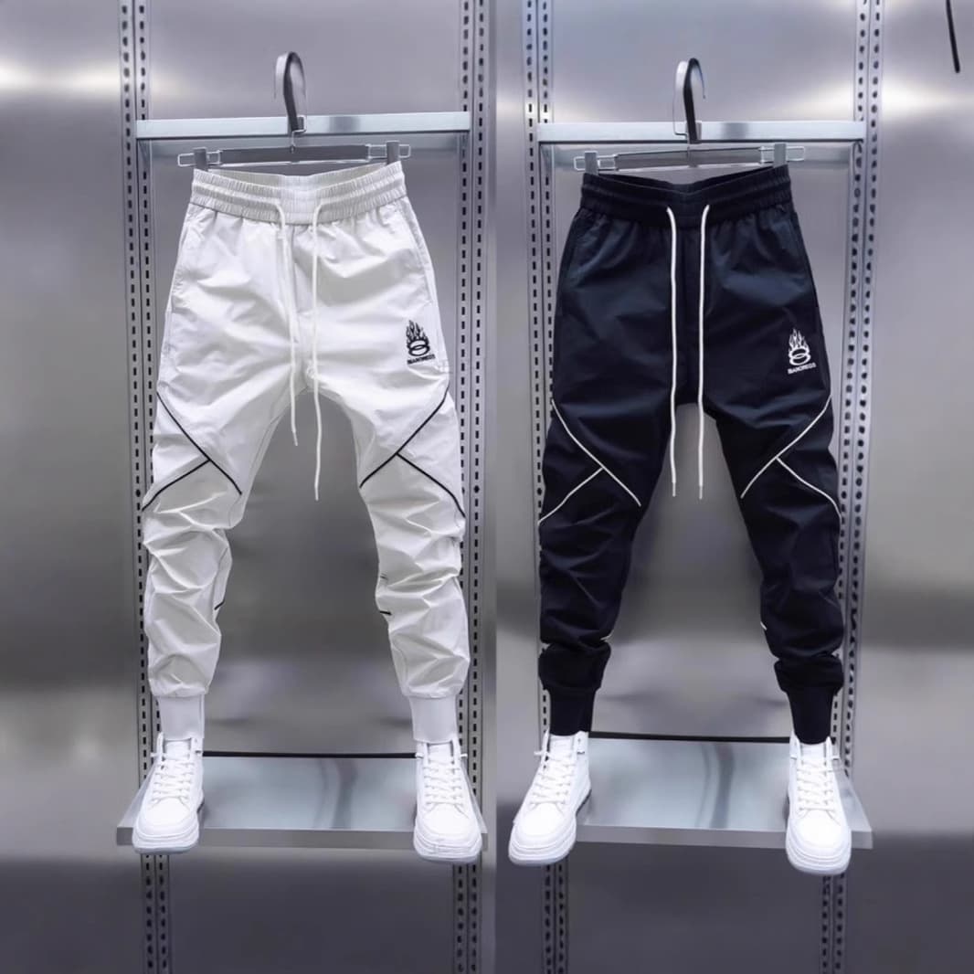 Men's Clothing Fashion Men's Stylish Slim-Fit Jogger Pants With Embroidery Detail - Casual Elastic Cuff Lounge Pants In Black & Beige
