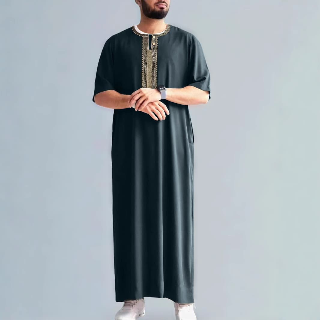 Men's Clothing New Middle Eastern Retro Muslim Mid Sleeve Embroidery Ethnic Style Moroccan Men's Robe Side Pockets