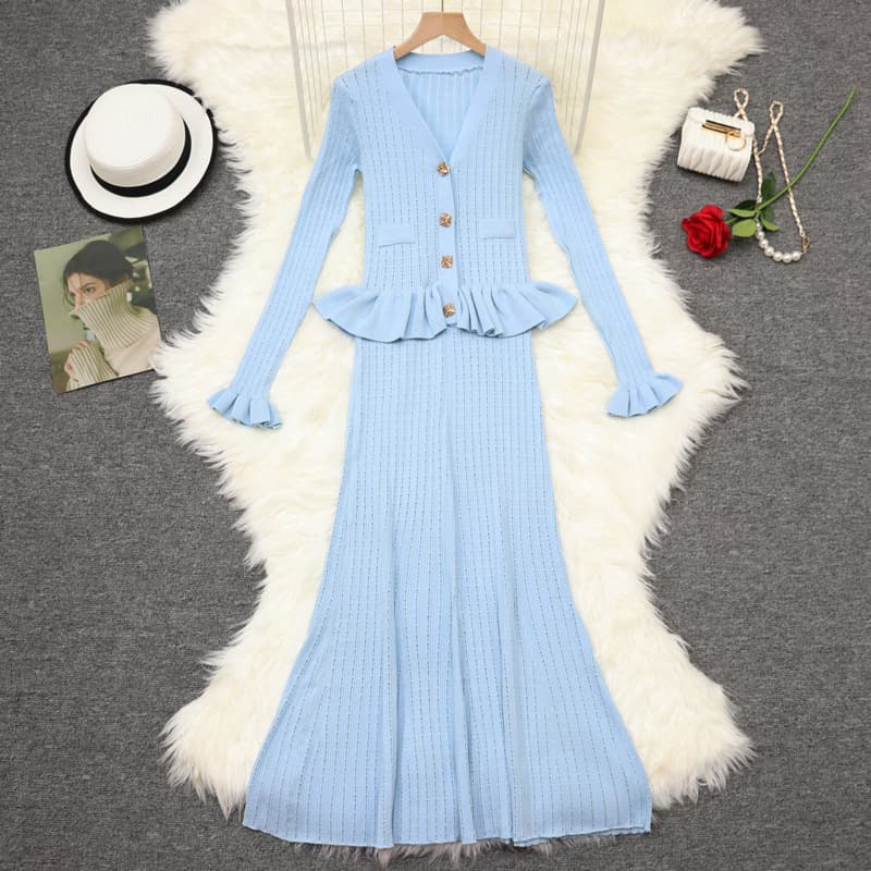Women's Clothing Autumn And Winter Style Lady Temperament Slim V Neck Ruffled Long Sleeves Mid Length Knitted Fishtail Dress