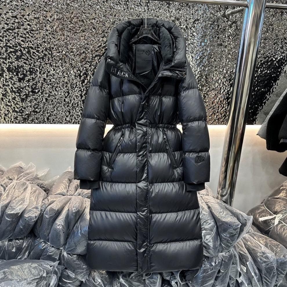 Women's Premium Black & Gold Longline Down Coat – Hooded, Waist-Defined Winter Jacket With High Fill Power (86-90% White Duck Down)