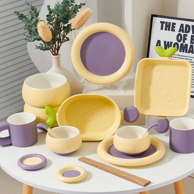 Macaron Pastel Ceramic Dinnerware Set Minimalist Bowls Plates Mugs Bakery Style Oven Safe Dishes Cream Color Tableware For Gift Daily Use