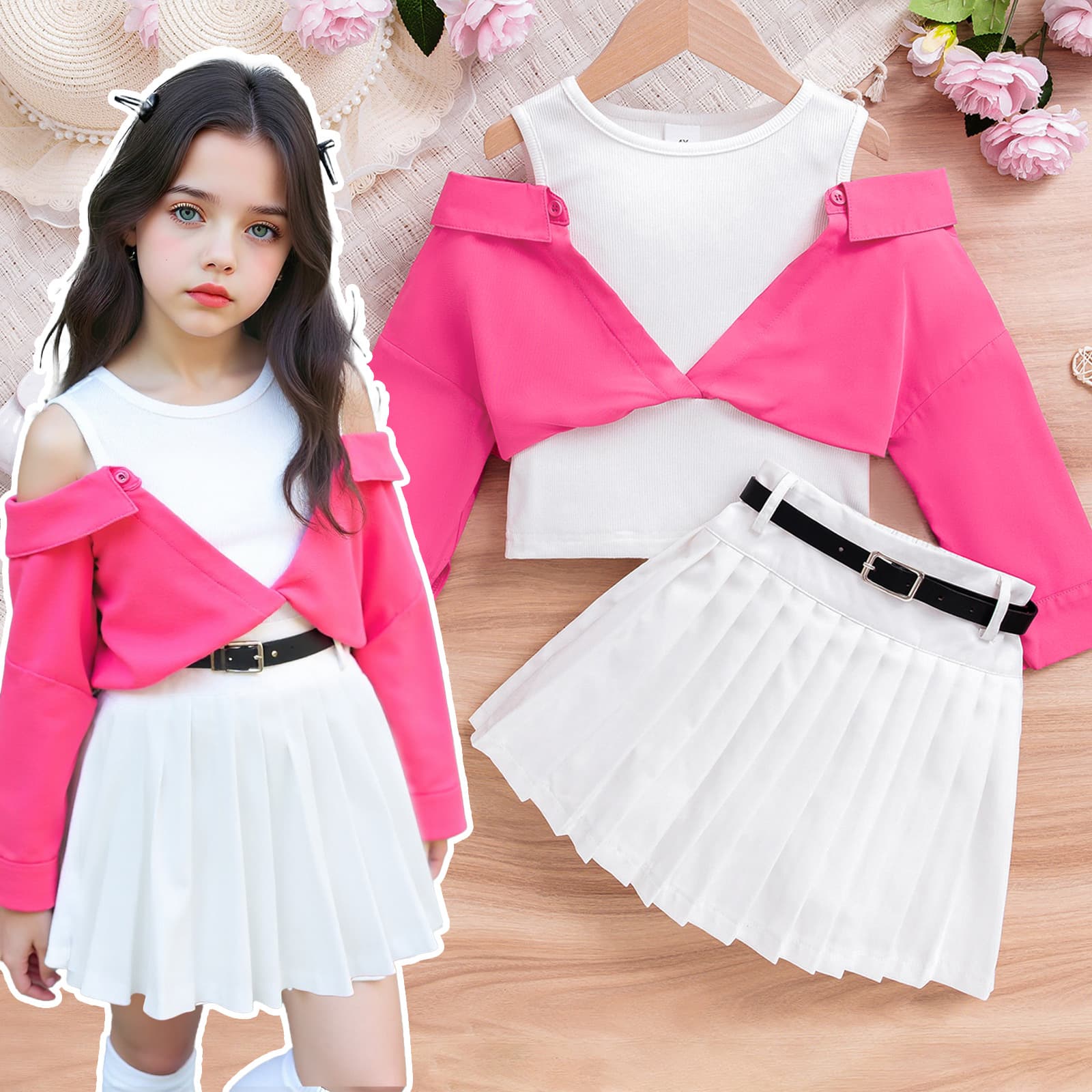 European Summer Girls' 3-Piece Outfit – Off-Shoulder Top + Pleated Skirt With Belt (2-7Y, Soft Cotton, Pink, Spring/Summer/Fall)