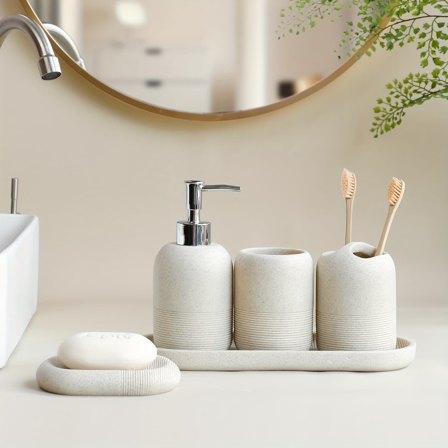 5pcs Bathroom Set: Soap Dispenser, Mouthwash Cup, Toothbrush Holder, Soap Dish, Tray With Yellow Sandstone Pattern