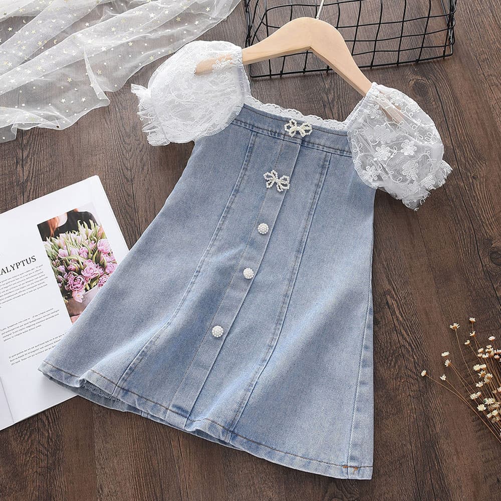Toddler Girls Clothing Fashionable Dress Summer New Style Girl's Temperament Pearl Seersucker Sleeves Spliced Soft Denim A Line Skirt
