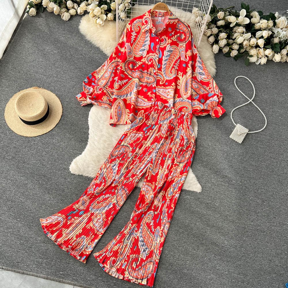 Women's French vintage print loose long sleeve first skirt high waist straight leg casual pants