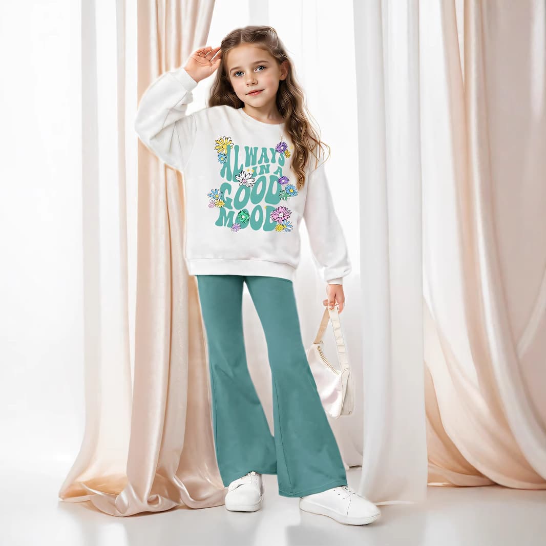 Mother & Kids INS Girls Girls Floral And Slogan Pattern Drop Shoulder Pullover And Flared Pants Two Piece Set